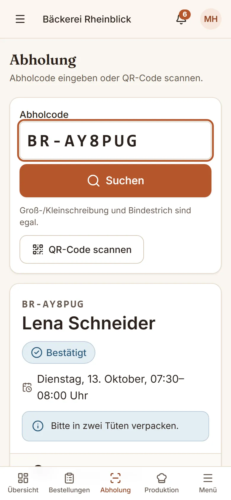 Abholbildschirm mit eingegebenem Abholcode und gefundener Bestellung