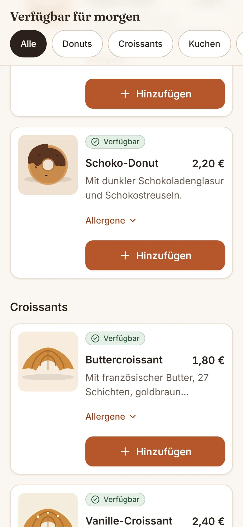 Bestellseite auf dem Smartphone mit Produkten, Preisen und Verfügbarkeit